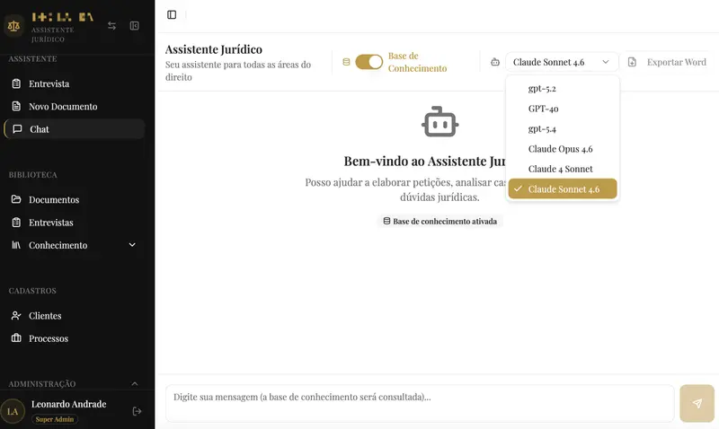 Consulta jurídica Declatra com seletor de modelos de inteligência artificial