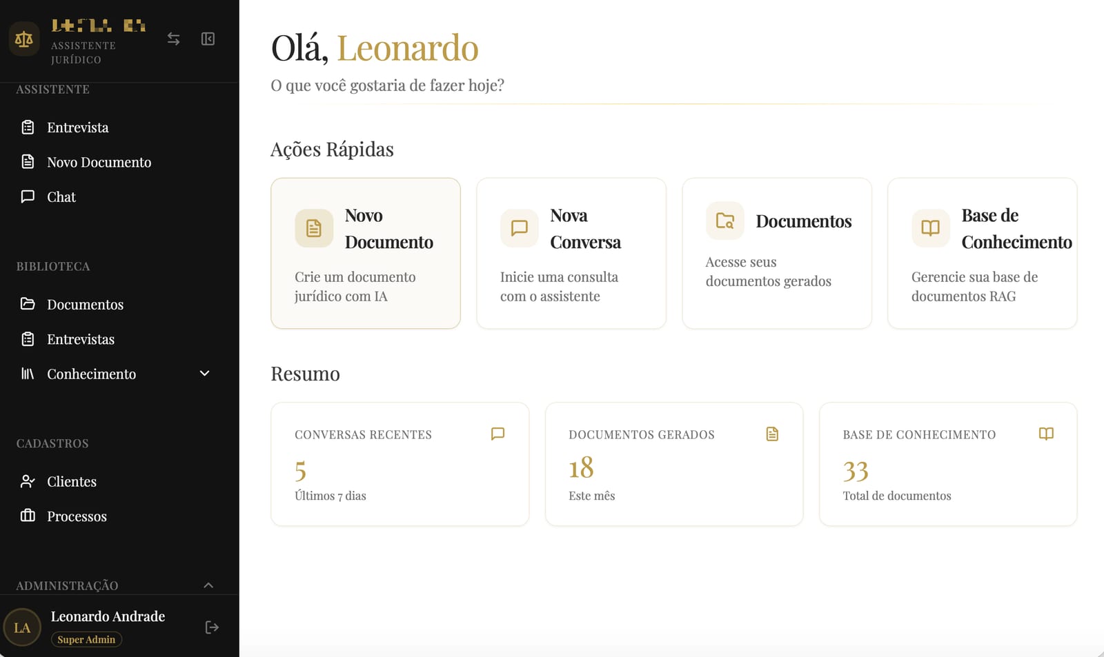 Painel de controle do assistente jurídico Declatra mostrando estatísticas de documentos gerados e conversas