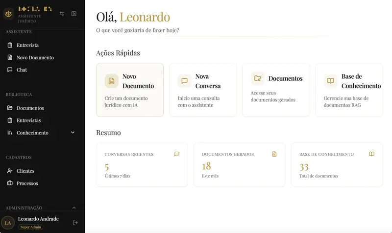 Painel de controle do assistente jurídico Declatra mostrando estatísticas de documentos gerados e conversas