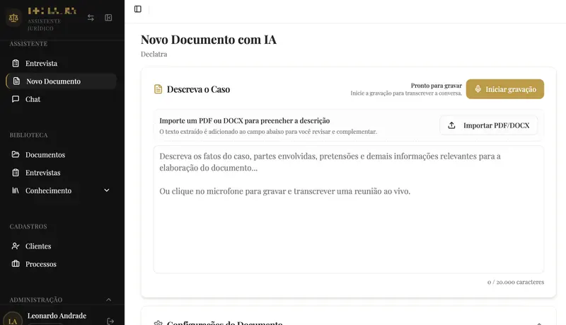 Tela Declatra para criação de novo documento jurídico com apoio de inteligência artificial