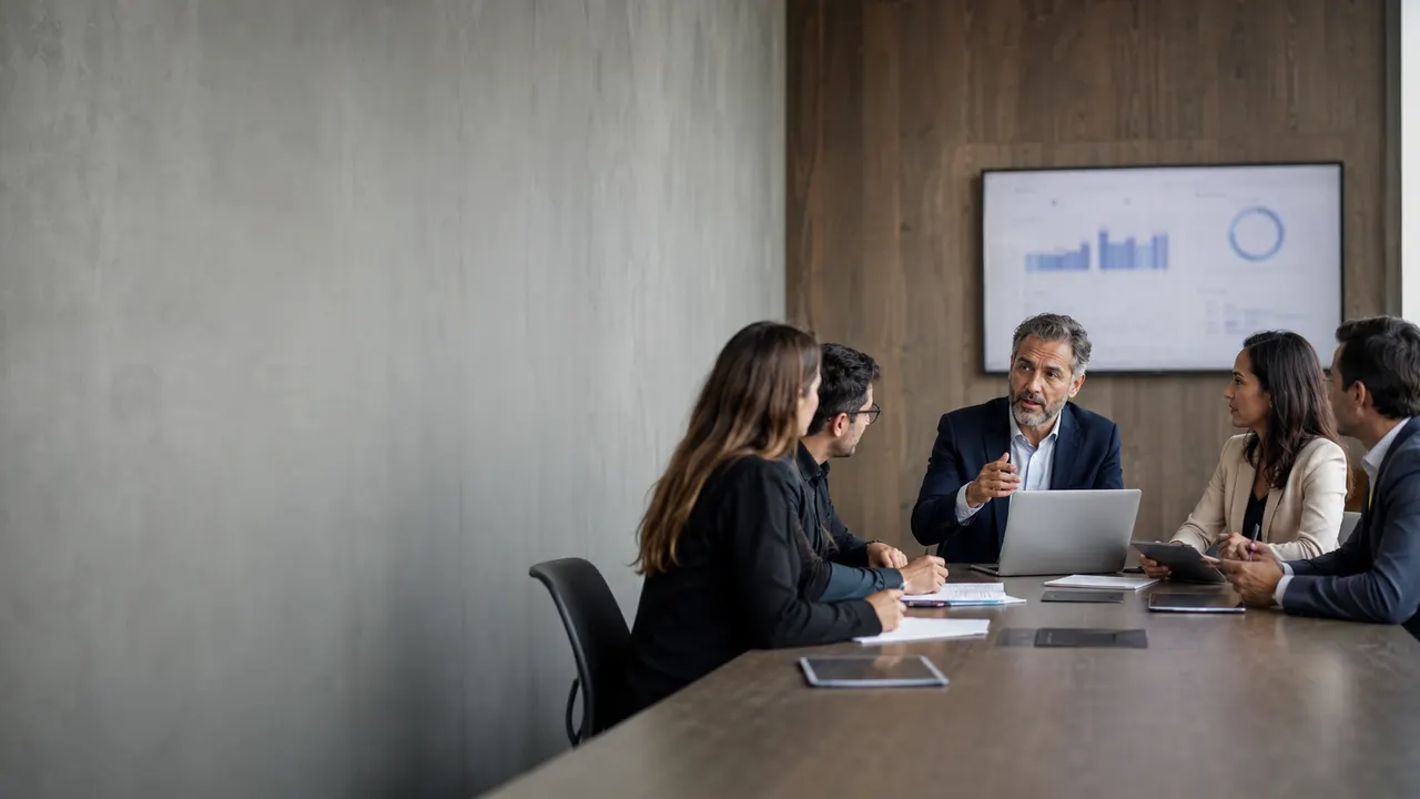 Lideranças em reunião executiva analisando dados de negócio